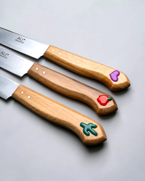 Ali Umuş 3'lü Estetik Motifli Mutfak Bıçağı Seti - Gürgen Saplı Osmaniye Modeli