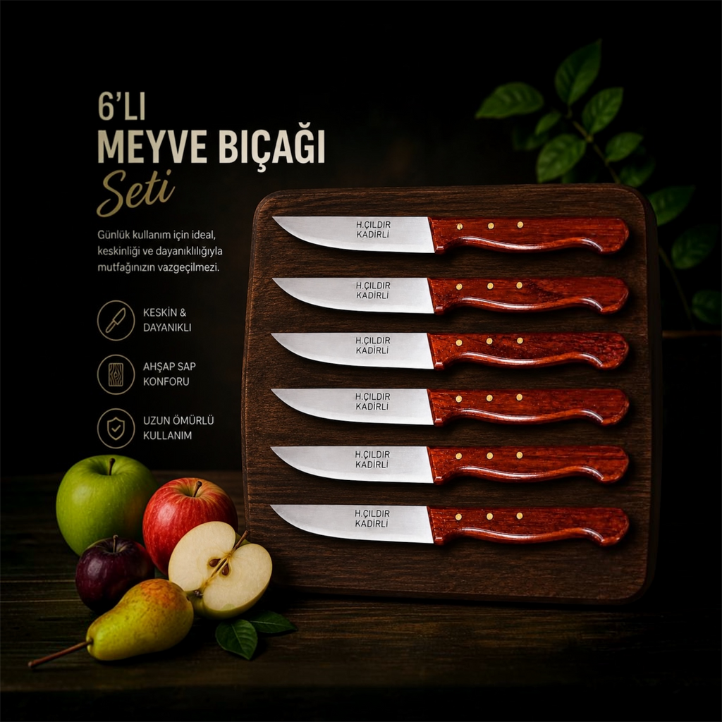 Meyve Bıçağı Seti 6'lı Ali Umuş, Gül Ağacı Sap 18 cm, Çıldır Serisi-2